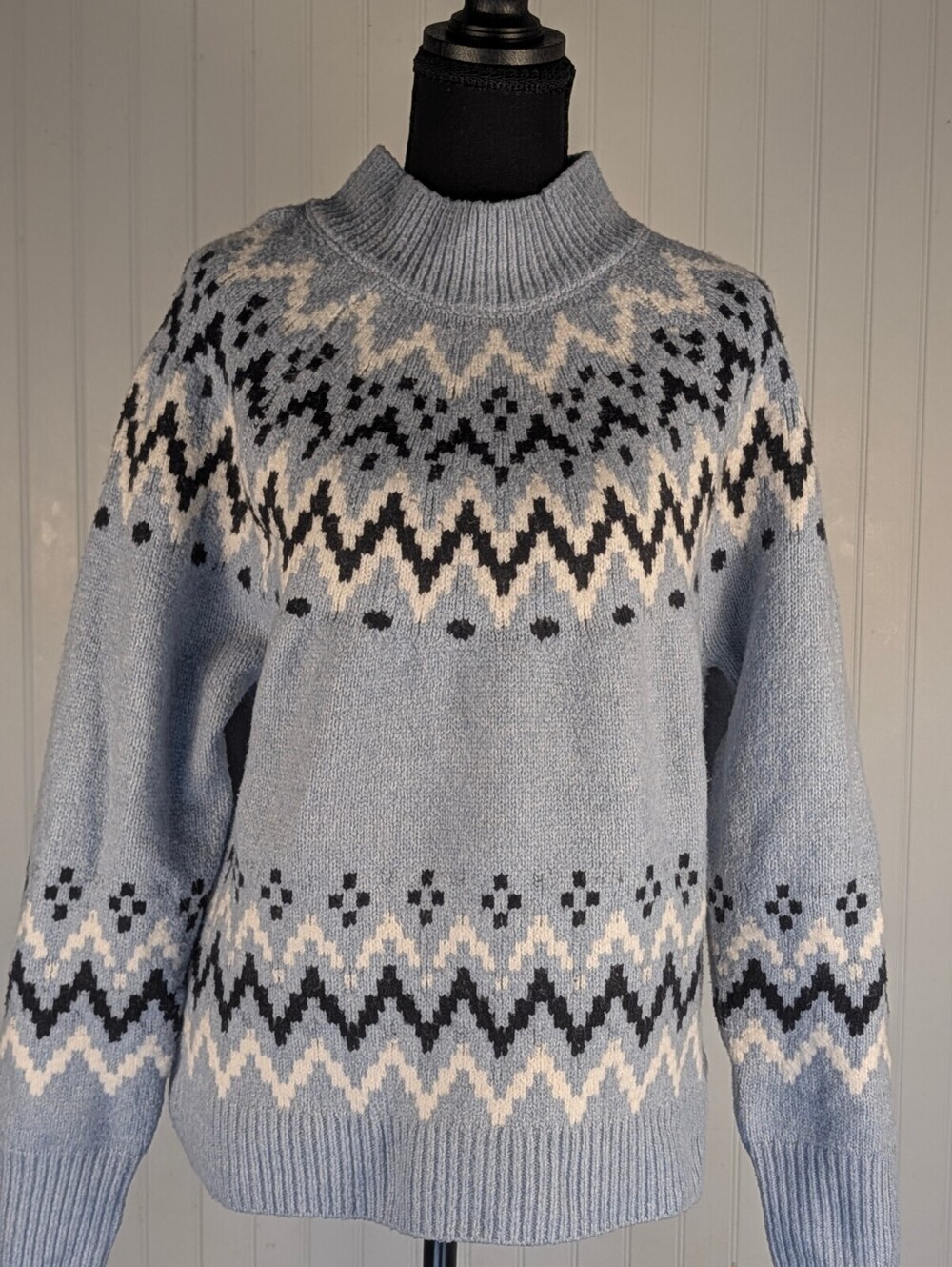 Rachel Zoe Blue Fair Isle Mock Neck Geometric Knit Sweater Size S